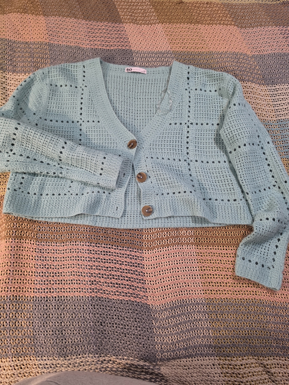 SO Powder Blue Open-Knit Cropped Button Cardigan
